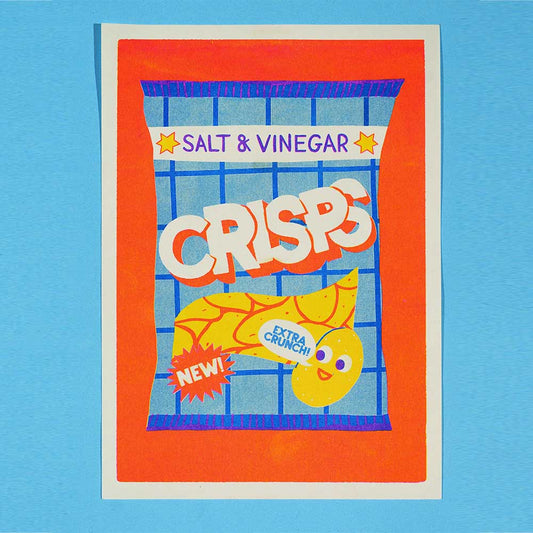 Naomi Wilkinson A4 riso print: a packet of salt & vinegar crisps with a smiling crisp, on orange and blue
