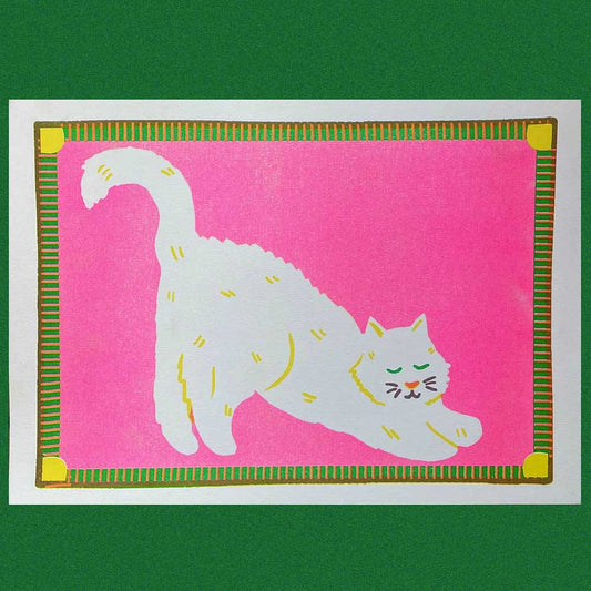 Naomi Wilkinson A4 riso print: a white cat stretching on pink