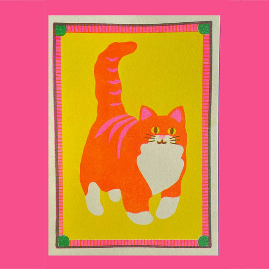 Naomi Wilkinson A5 mini print: an orange and white cat on yellow