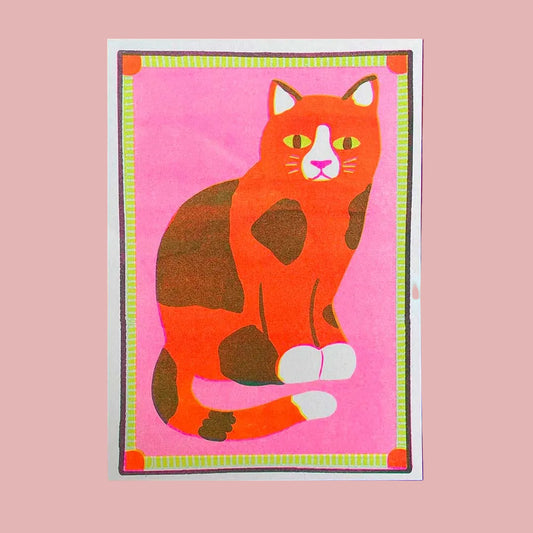 Naomi Wilkinson A5 mini print: an orange and brown patchy cat sitting on pink