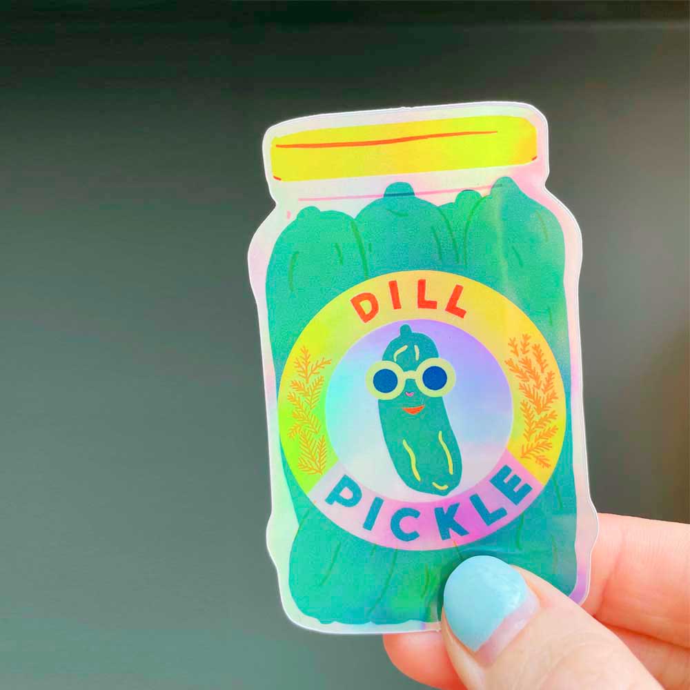 Close-up of the dill pickle jar sticker