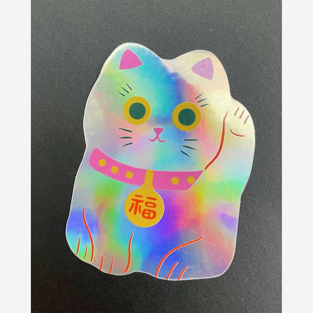 Rainbow holographic lucky cat sticker