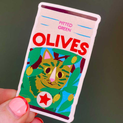 Close-up of the olive jar sticker