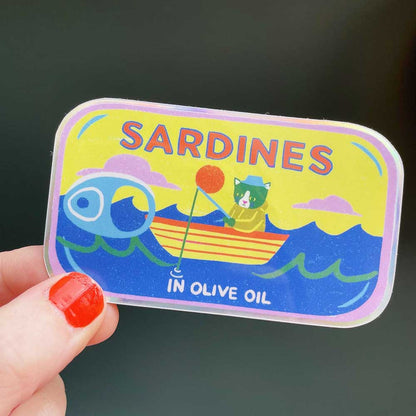 Close-up of the sardine tin sticker