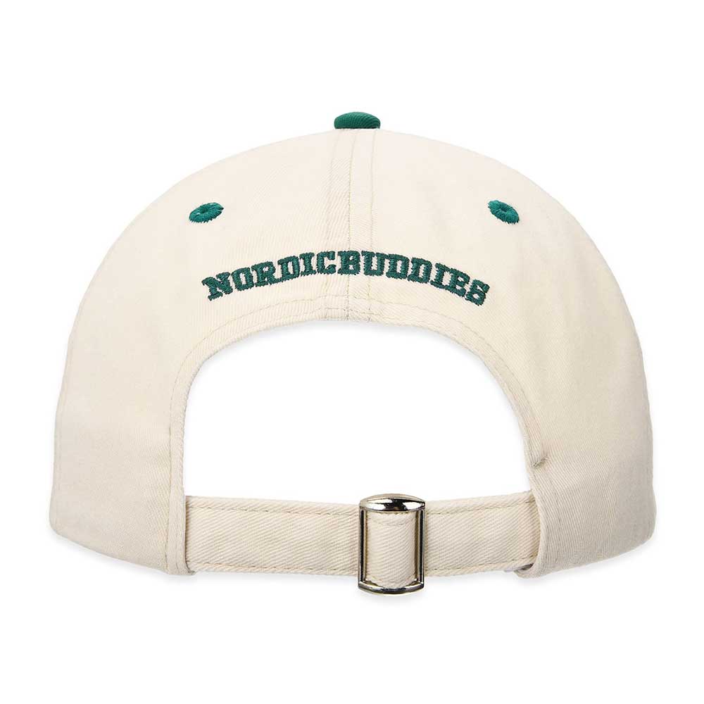 Back of the cap with 'Nordicbuddies' embroidered in green
