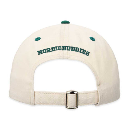 Back of the cap with 'Nordicbuddies' embroidered in green