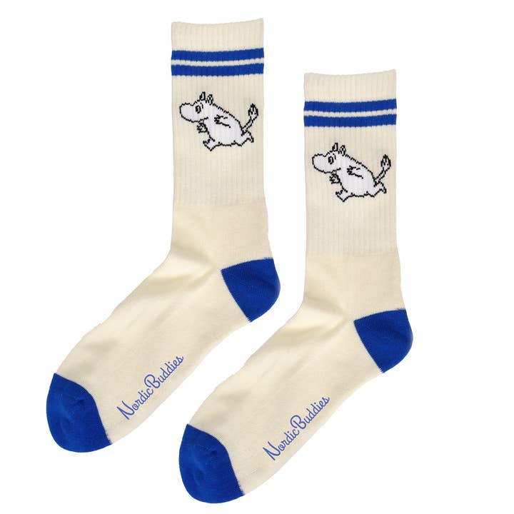 Cream sports socks with blue stripes, blue heels and toes, and Moomintroll on the leg