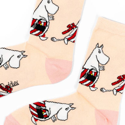 Close-up of the peach Moominmamma socks