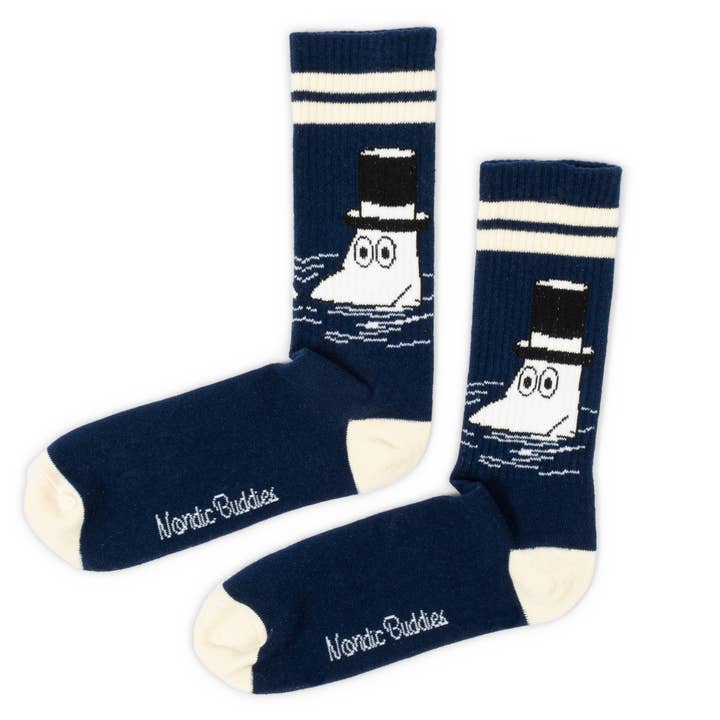 Navy socks with cream stripes and Moominpappa in a top hat swimming in the sea