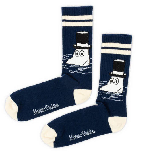 Navy socks with cream stripes and Moominpappa in a top hat swimming in the sea