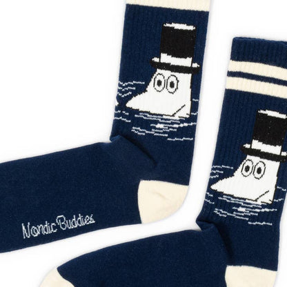 Close-up of Moominpappa in a top hat on the navy socks