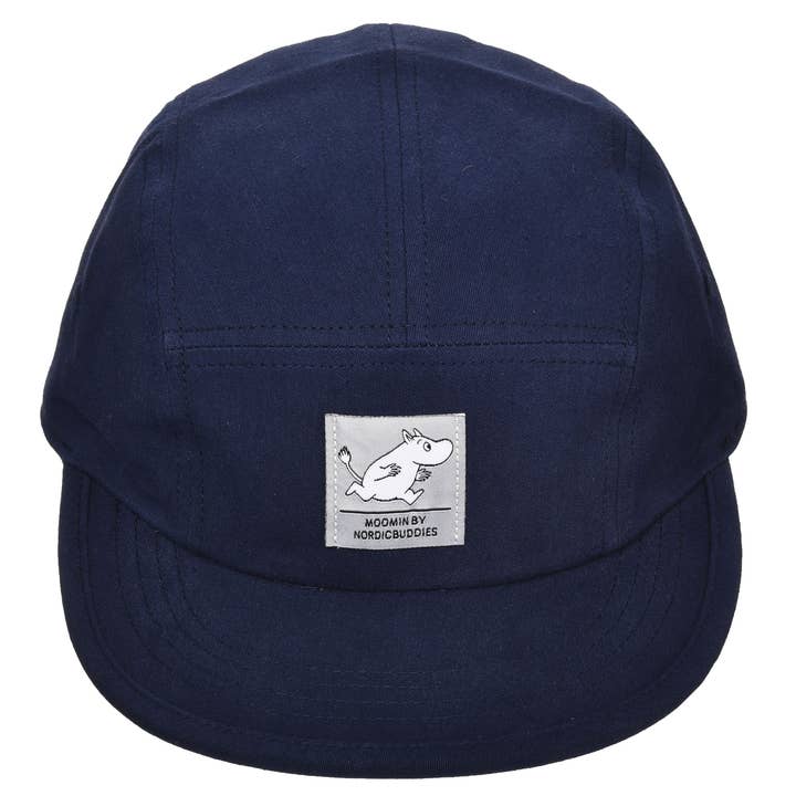 Nordic Buddies navy five-panel cap with a Moomintroll patch, front view