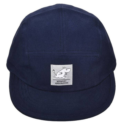 Nordic Buddies navy five-panel cap with a Moomintroll patch, front view