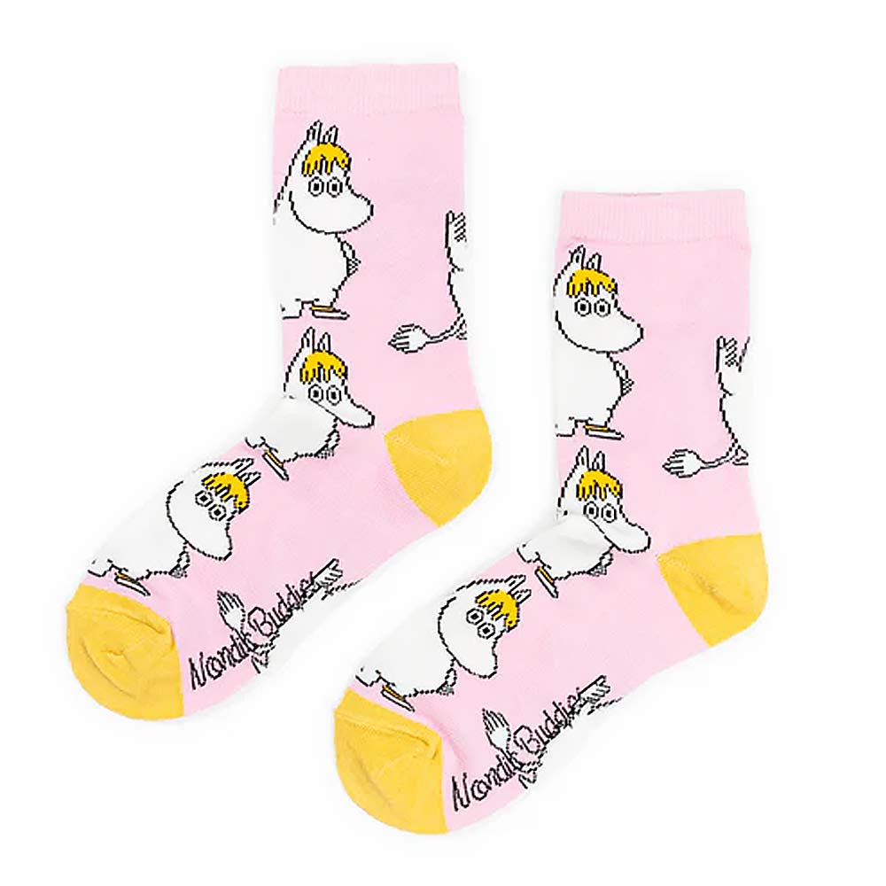 Pink Snorkmaiden ankle socks with yellow heels and toes, printed with Snorkmaiden