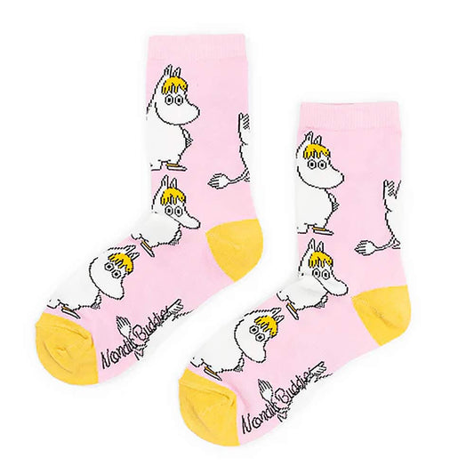 Pink Snorkmaiden ankle socks with yellow heels and toes, printed with Snorkmaiden