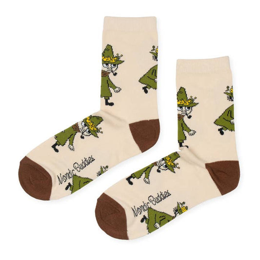 Cream socks covered in Snufkin in his green hat and coat, with brown heels and toes