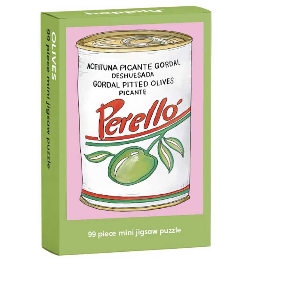 99 piece mini jigsaw puzzle box with a tin of Perelló gordal pitted olives