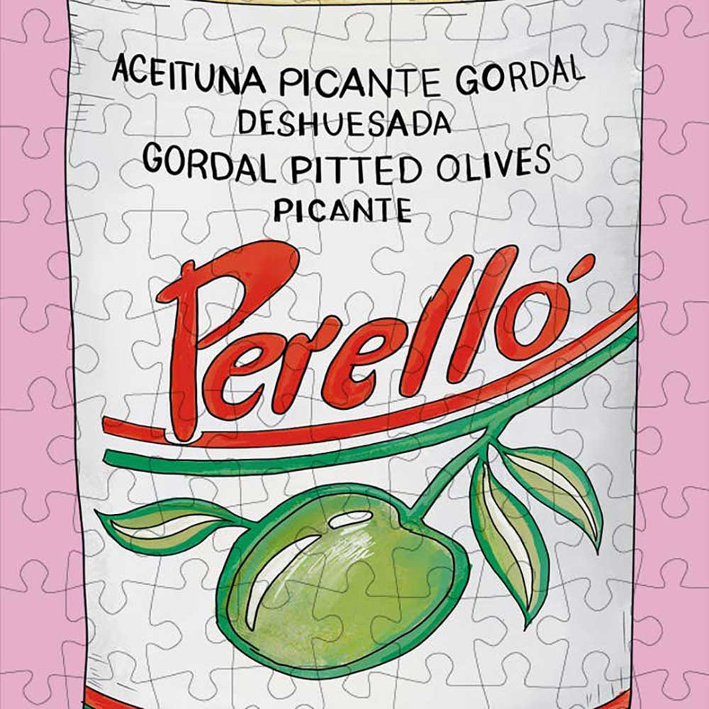 Completed olives jigsaw showing the Perelló tin label