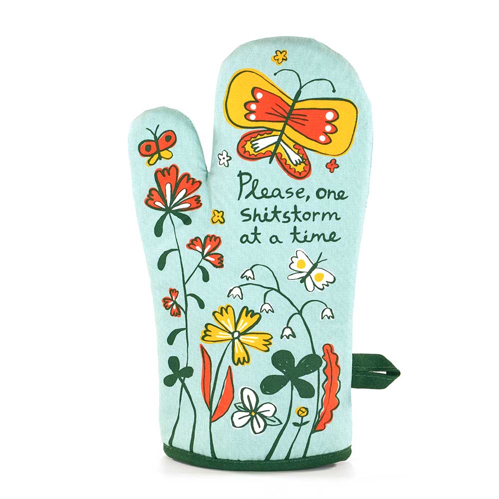Mint green oven mitt with butterflies and flowers: Please, one shitstorm at a time