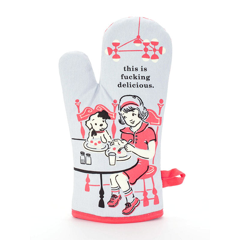 Oven mitt with a woman feeding a poodle at a diner table: this is fucking delicious.