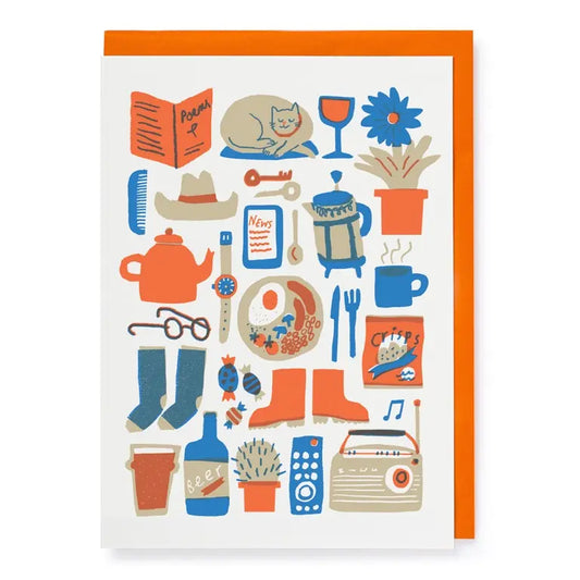 Archivist card: a pattern of a man's favourite things, including a teapot, hat, radio, socks, books and a cat