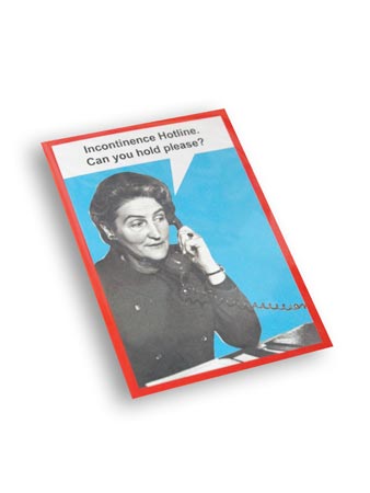 Incontinence Hotline card at an angle with its red envelope
