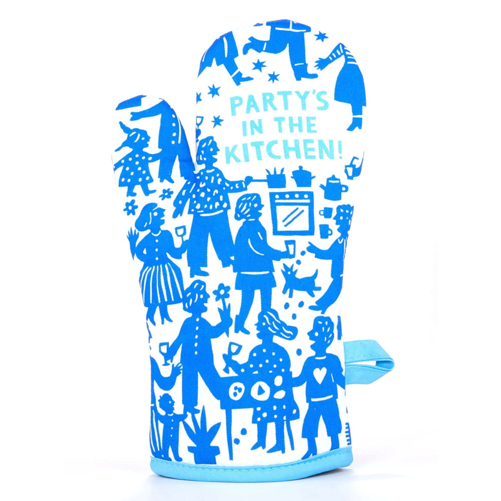 Blue Q oven mitt: blue figures partying around 'Party's in the kitchen!'