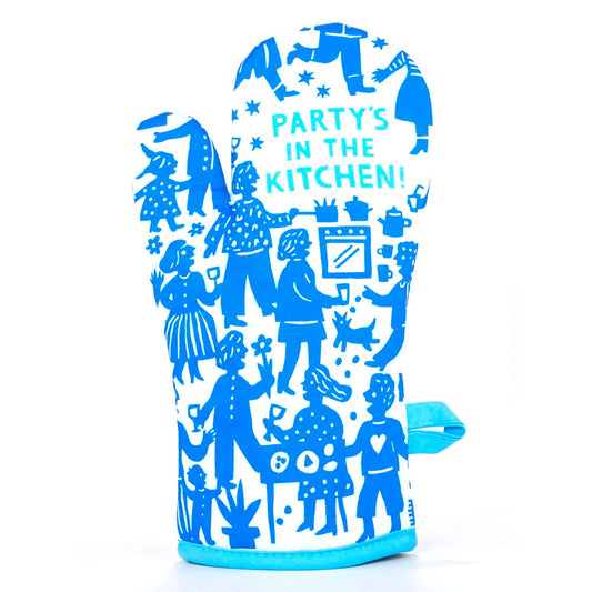 Blue Q oven mitt: blue figures partying around 'Party's in the kitchen!'