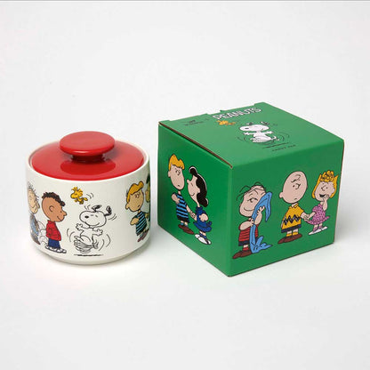 Peanuts candy jar beside its green gift box