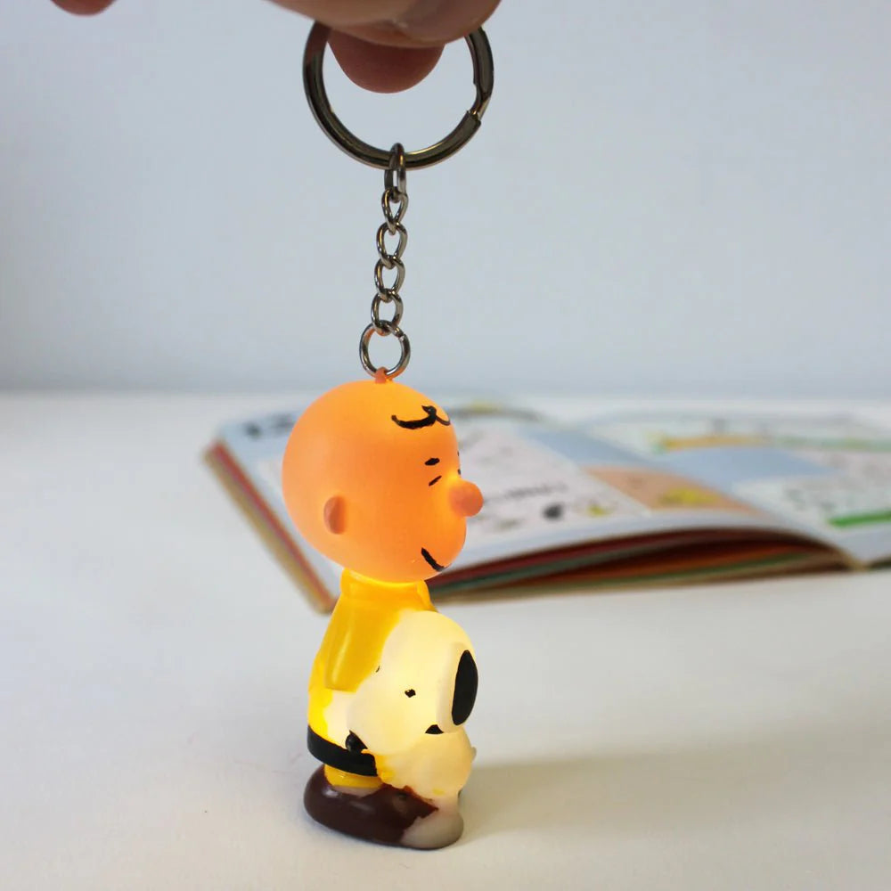 Charlie Brown and Snoopy key ring held up in front of a comic book