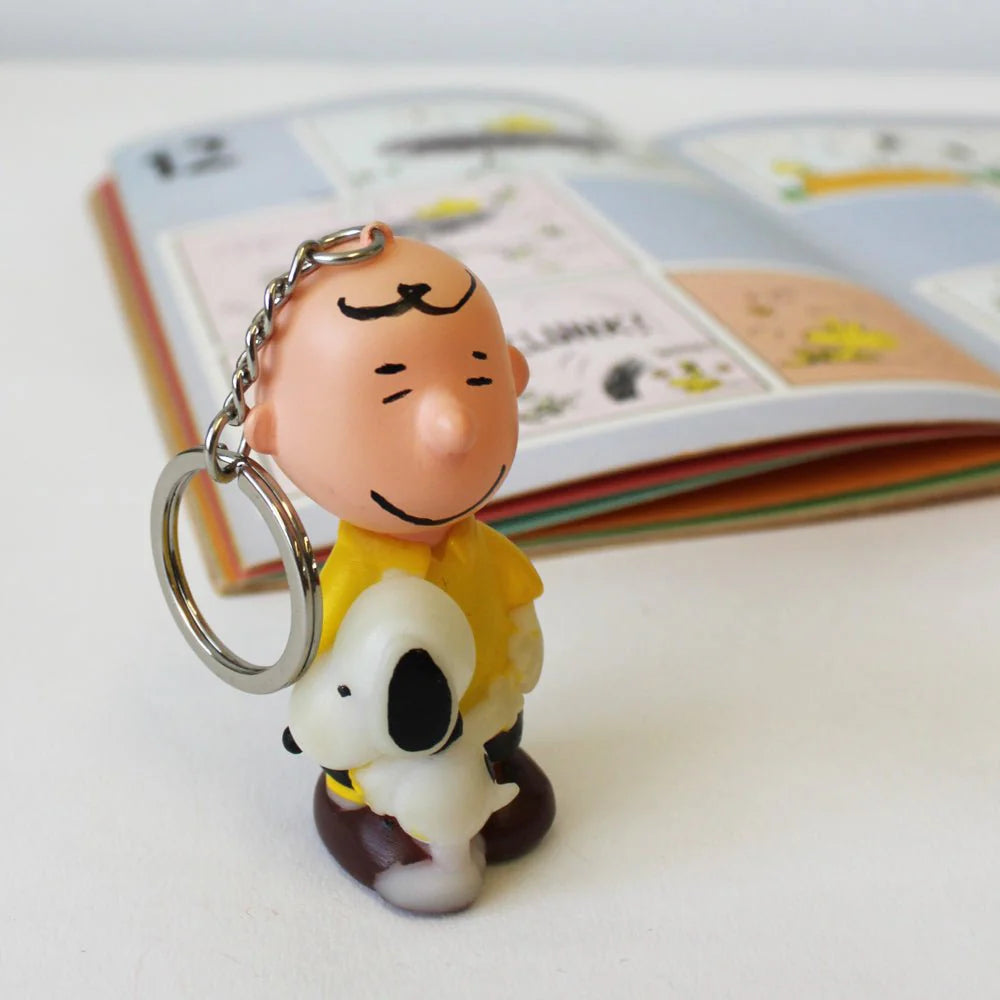 Key ring figure beside an open Peanuts comic book