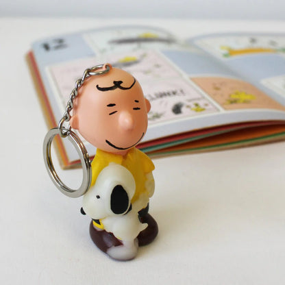Key ring figure beside an open Peanuts comic book