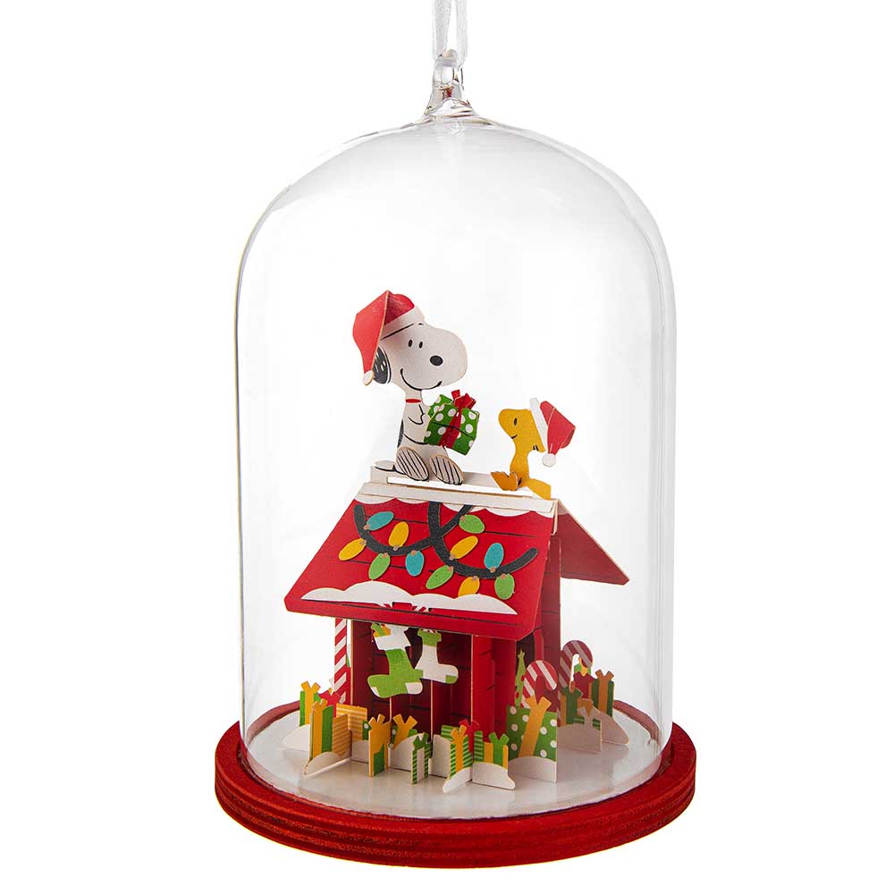 Peanuts glass dome decoration: Snoopy and Woodstock on a snowy red doghouse with presents
