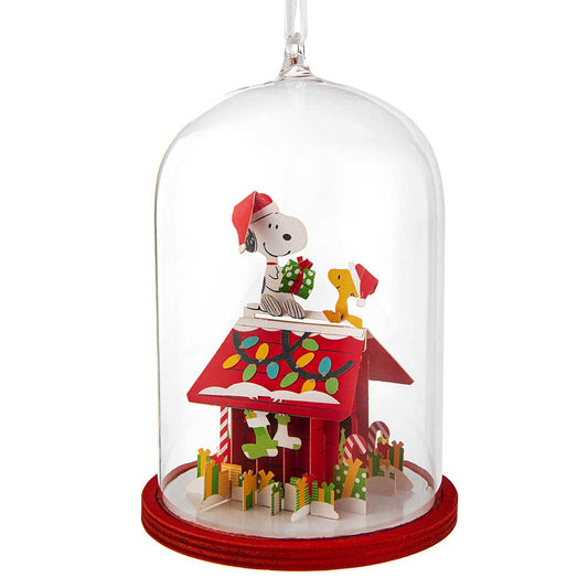 Peanuts glass dome decoration: Snoopy and Woodstock on a snowy red doghouse with presents