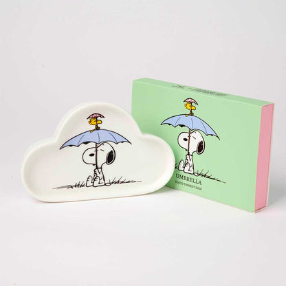 Peanuts cloud trinket dish: Snoopy and Woodstock under an umbrella, with its green box