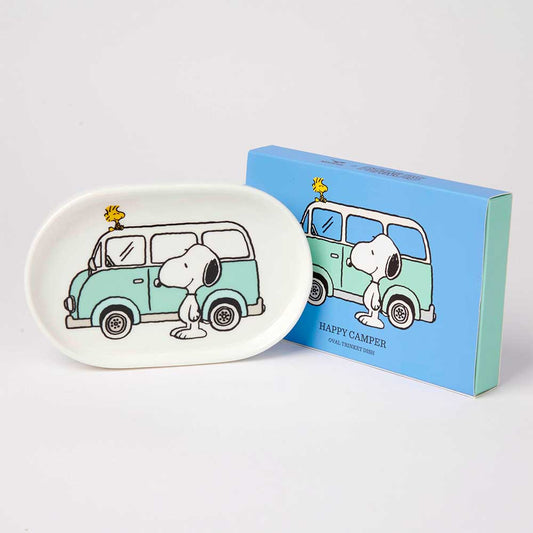 Peanuts oval trinket dish: Snoopy and Woodstock with a mint camper van, beside its blue box