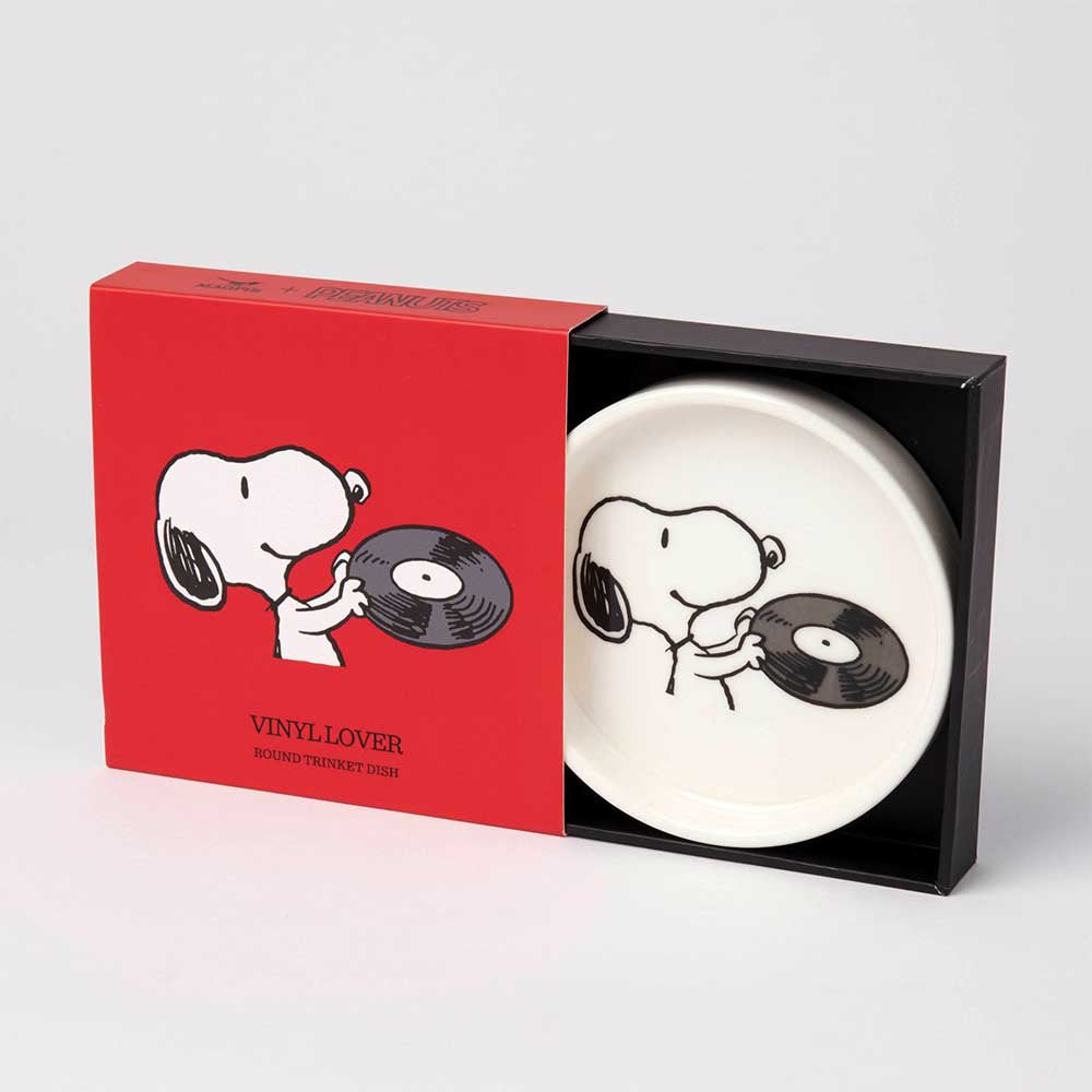 Snoopy trinket dish in its open red and black gift box