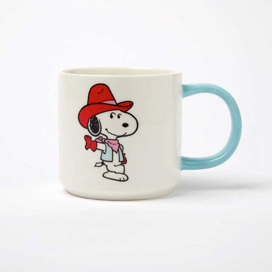 Peanuts Howdy mug: Snoopy in a red cowboy hat and neckerchief, with a pale blue handle