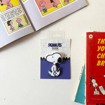Snoopy brooch on its card beside Peanuts books