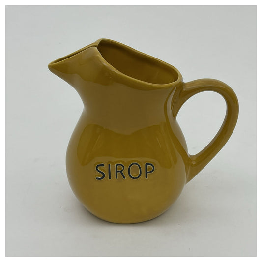 Bazardeluxe mustard yellow ceramic jug with 'Sirop' written on the front
