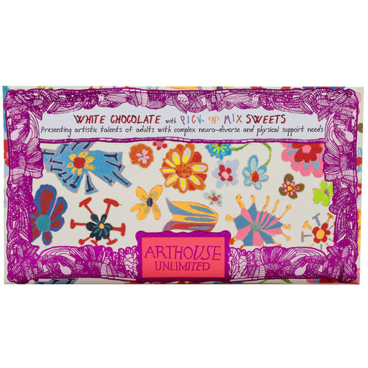 Arthouse Unlimited white chocolate with pick 'n' mix sweets bar with a daffodil and flower wrapper