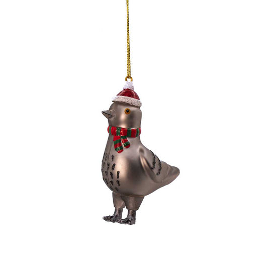 Glass Christmas bauble shaped like a pigeon in a Santa hat and scarf