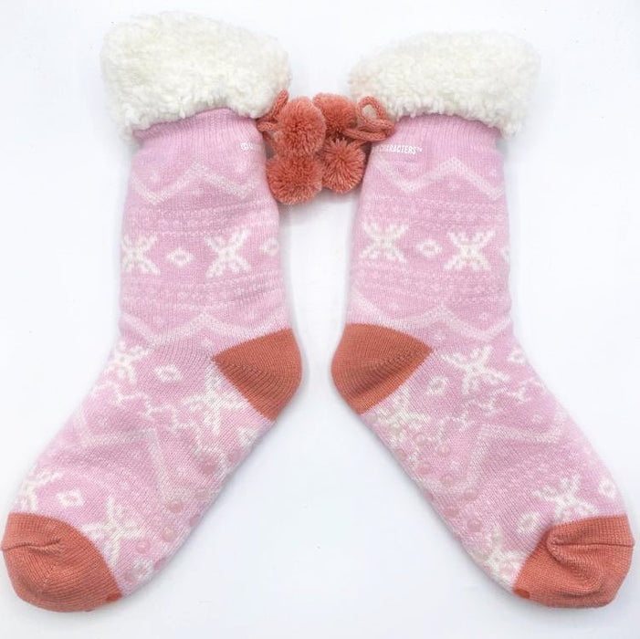 Pair of pink Moomin slipper socks laid flat