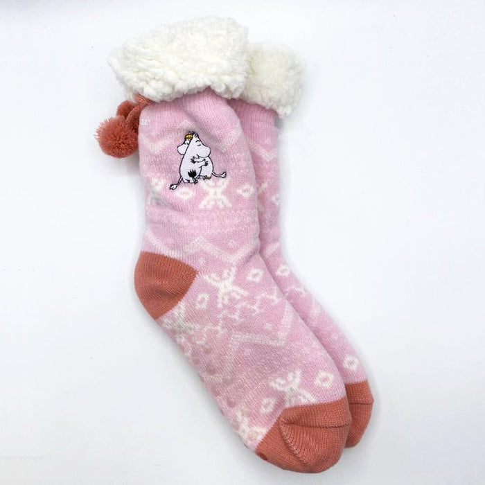 Pink Fair Isle slipper socks with a fleece cuff, pompoms and an embroidered Moomintroll