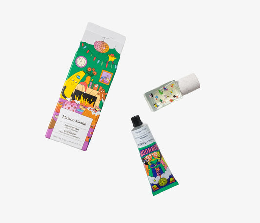Maison Matine Poom Poom and Surboom set: a perfume, hand cream and box with colourful illustrations