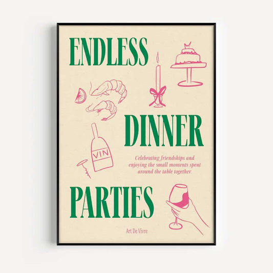 Proper Good A3 print: 'Endless dinner parties' in green with pink line drawings of food and wine, framed