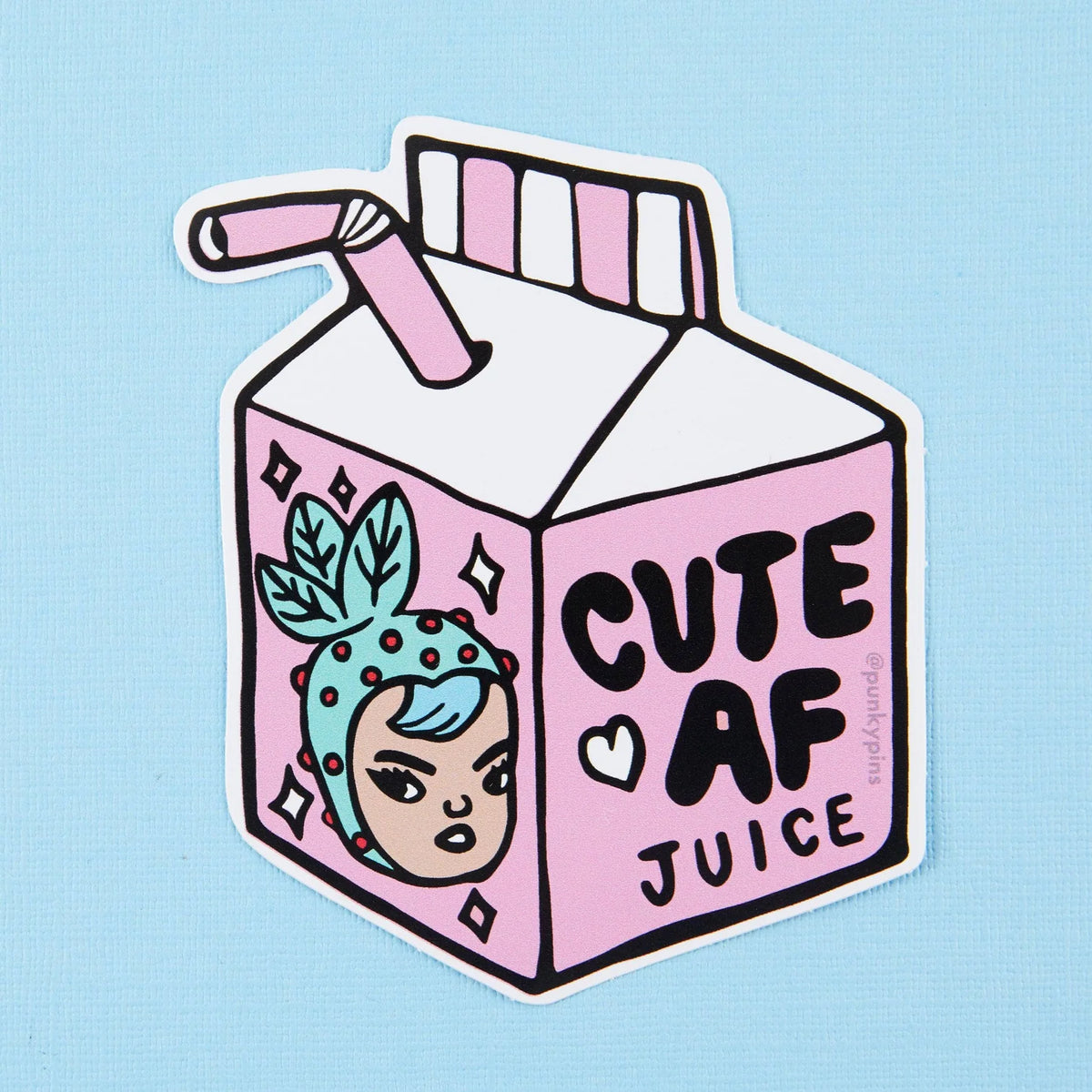 Pink juice carton sticker with a girl's face: Cute AF juice