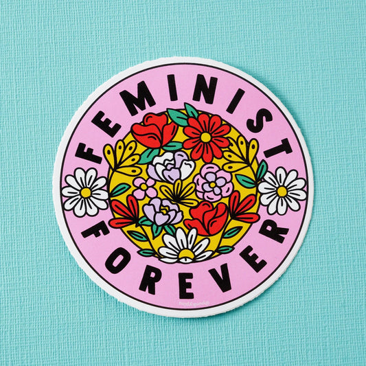 Round pink sticker with a bunch of flowers: Feminist forever