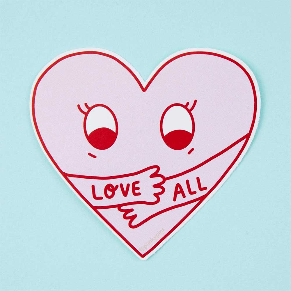 Pink heart sticker with eyes and arms hugging itself: Love all
