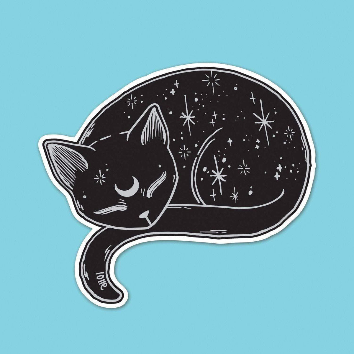 Punky Pins sticker: a sleeping black cat decorated with stars and a crescent moon